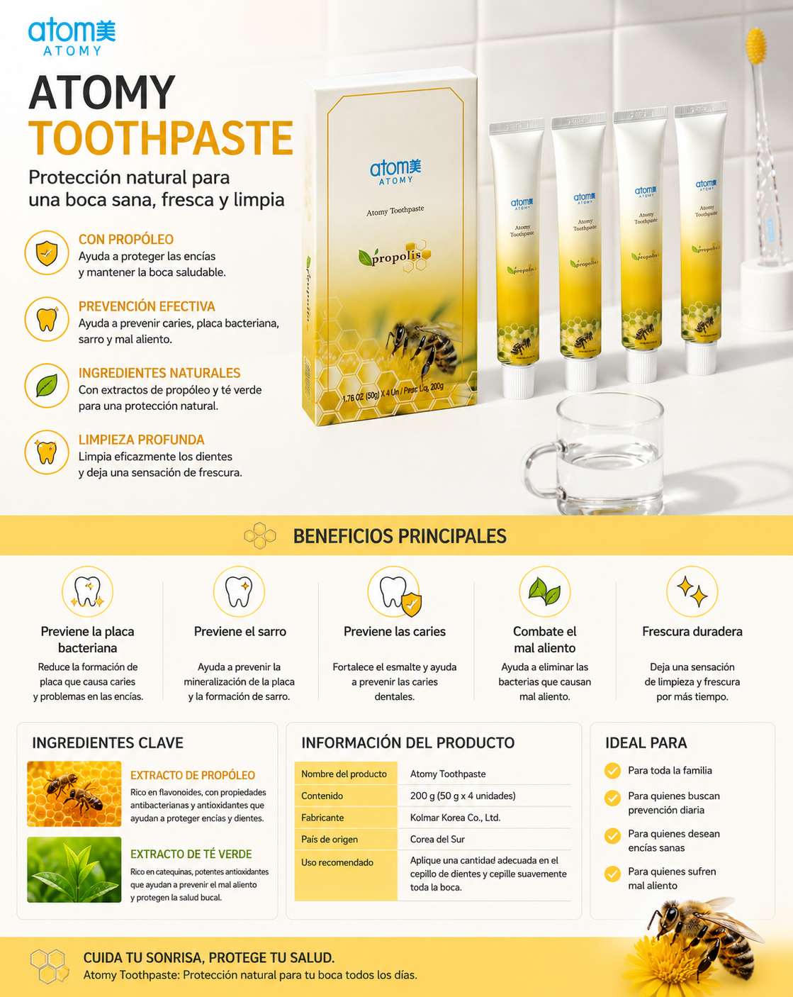 🦷✨ ATOMY TOOTHPASTE CON PRÓPOLIS 50g / 200g 
Crema Dental Coreana 🇰🇷💚

La Crema Dental Atomy con Própolis está formulada para brindar una higiene bucal completa y refrescante todos los días, ayudando a cuidar dientes y encías.