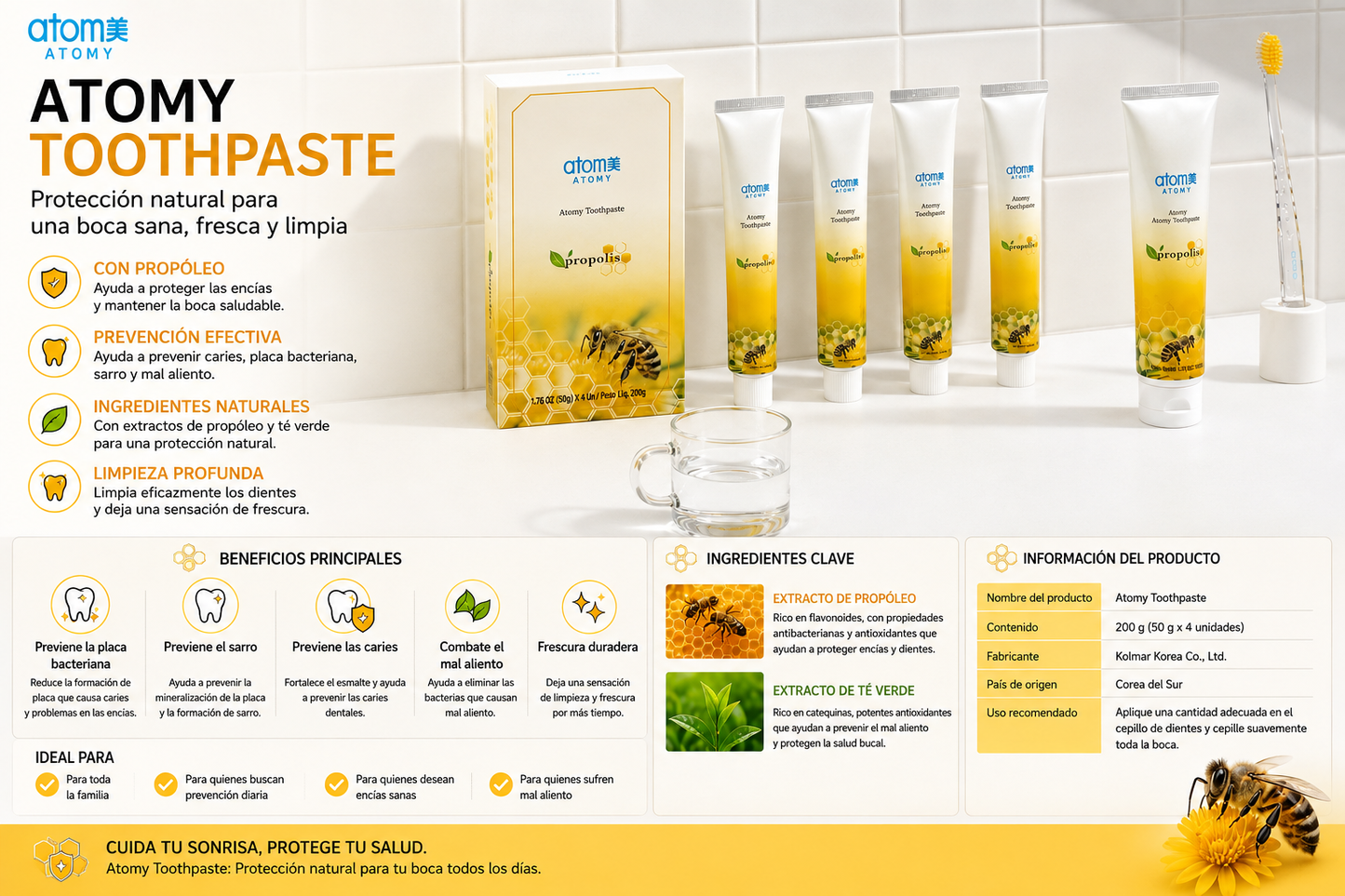 🦷✨ ATOMY TOOTHPASTE CON PRÓPOLIS 50g / 200g 
Crema Dental Coreana 🇰🇷💚

La Crema Dental Atomy con Própolis está formulada para brindar una higiene bucal completa y refrescante todos los días, ayudando a cuidar dientes y encías.
