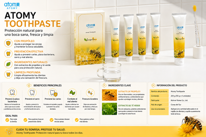 🦷✨ ATOMY TOOTHPASTE CON PRÓPOLIS 50g / 200g 
Crema Dental Coreana 🇰🇷💚

La Crema Dental Atomy con Própolis está formulada para brindar una higiene bucal completa y refrescante todos los días, ayudando a cuidar dientes y encías.