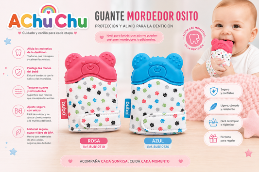 💚 Buba Guante Mordedor Osito – Protección y Alivio para la Dentición Rosa BUB10719 Azul BUB10720