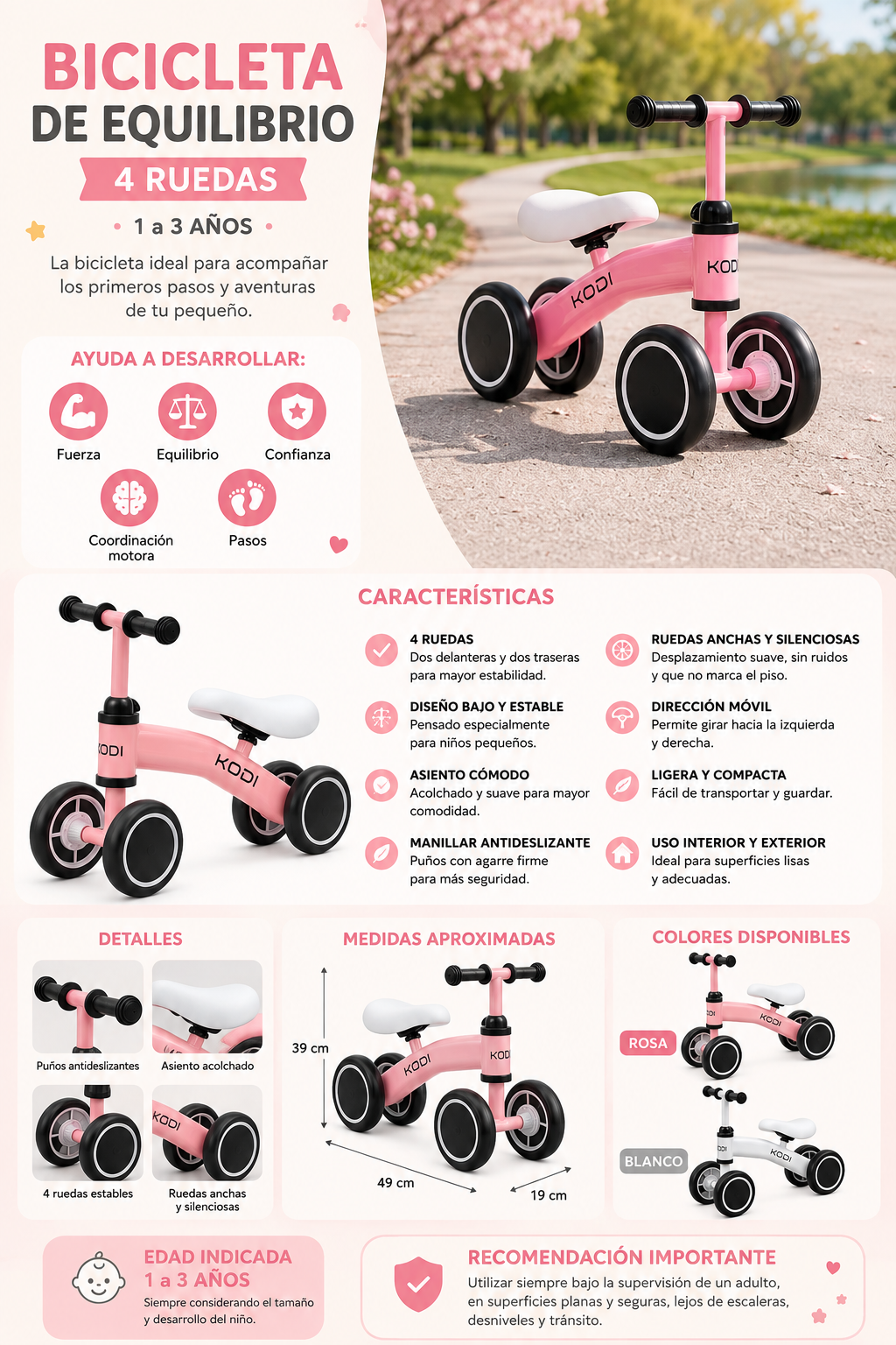 🚲 KODI Bicicleta de Equilibrio – 4 Ruedas | 1 a 3 años - Rosa