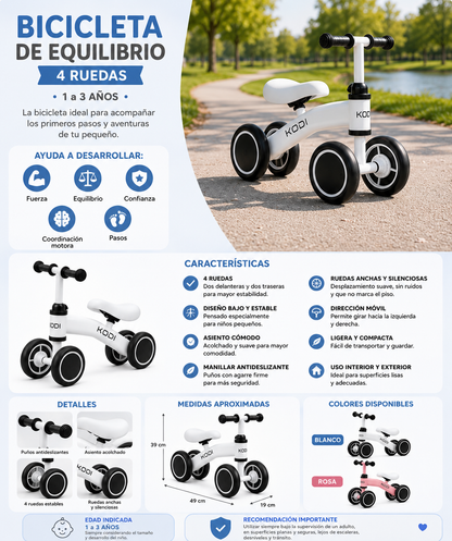 🚲 KODI Bicicleta de Equilibrio – 4 Ruedas | 1 a 3 años - Branco