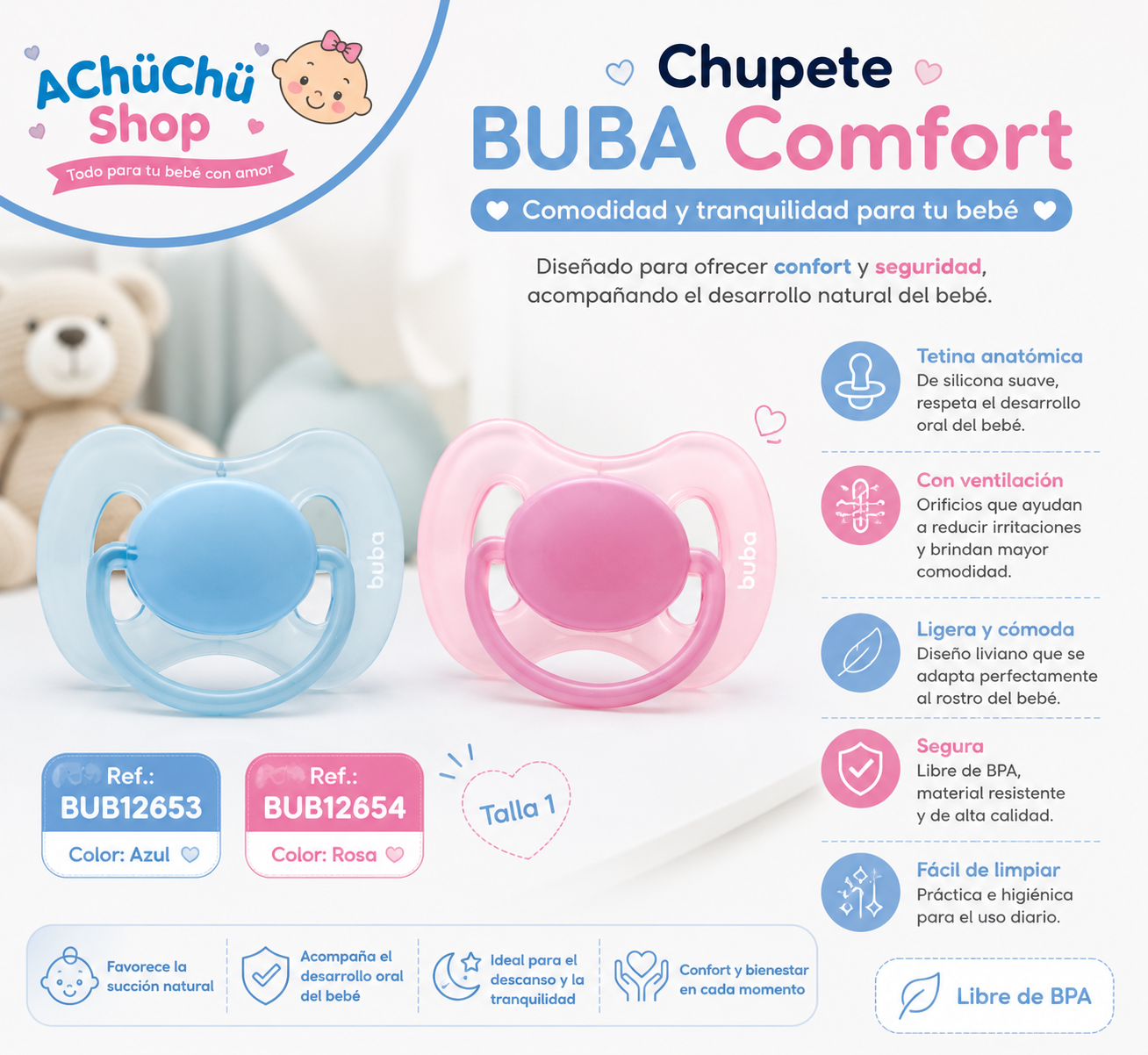 BUBA Chupeta Comfort Tam. 1 – Anatômica para Bebe 0-6m Azul BUB12653 - Rosa BUB12654
