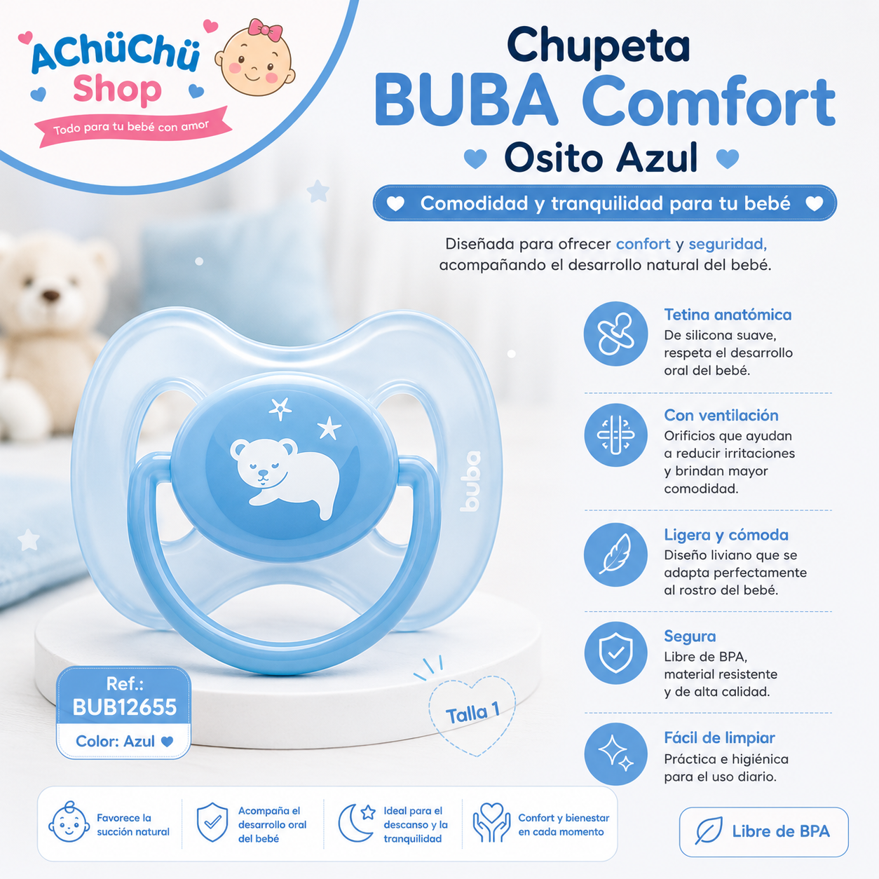 💚 BUBA Chupete Comfort Osito Talla 1 - 0-6m Azul BUB12655