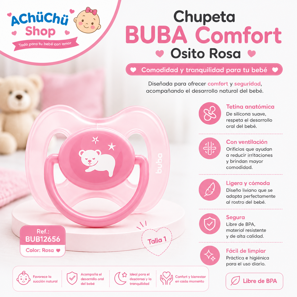 💚 BUBA Chupete Comfort Osito Talla 1 - 0-6m Azul BUB12655