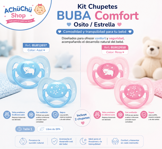 BUBA Kit de Chupetes Comfort Osito/Estrella Talla 1 de 0-6m - Azul BUB12657 - Rosa BUB12658 🩷