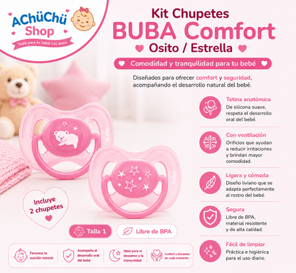 BUBA Kit de Chupetes Comfort Osito/Estrella Talla 1 de 0-6m - Azul BUB12657 - Rosa BUB12658 🩷