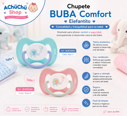 💚 BUBA Chupete Comfort Elefantito Talla 1 (0-6m) Azul BUB12659 /  Rosa BUB12660