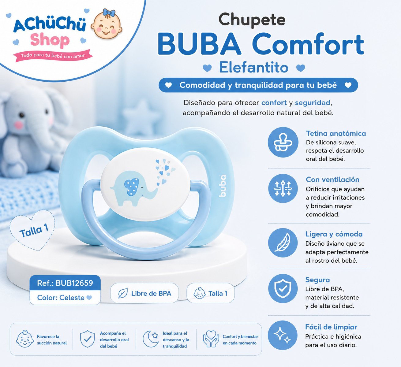 💚 BUBA Chupete Comfort Elefantito Talla 1 (0-6m) Azul BUB12659 /  Rosa BUB12660