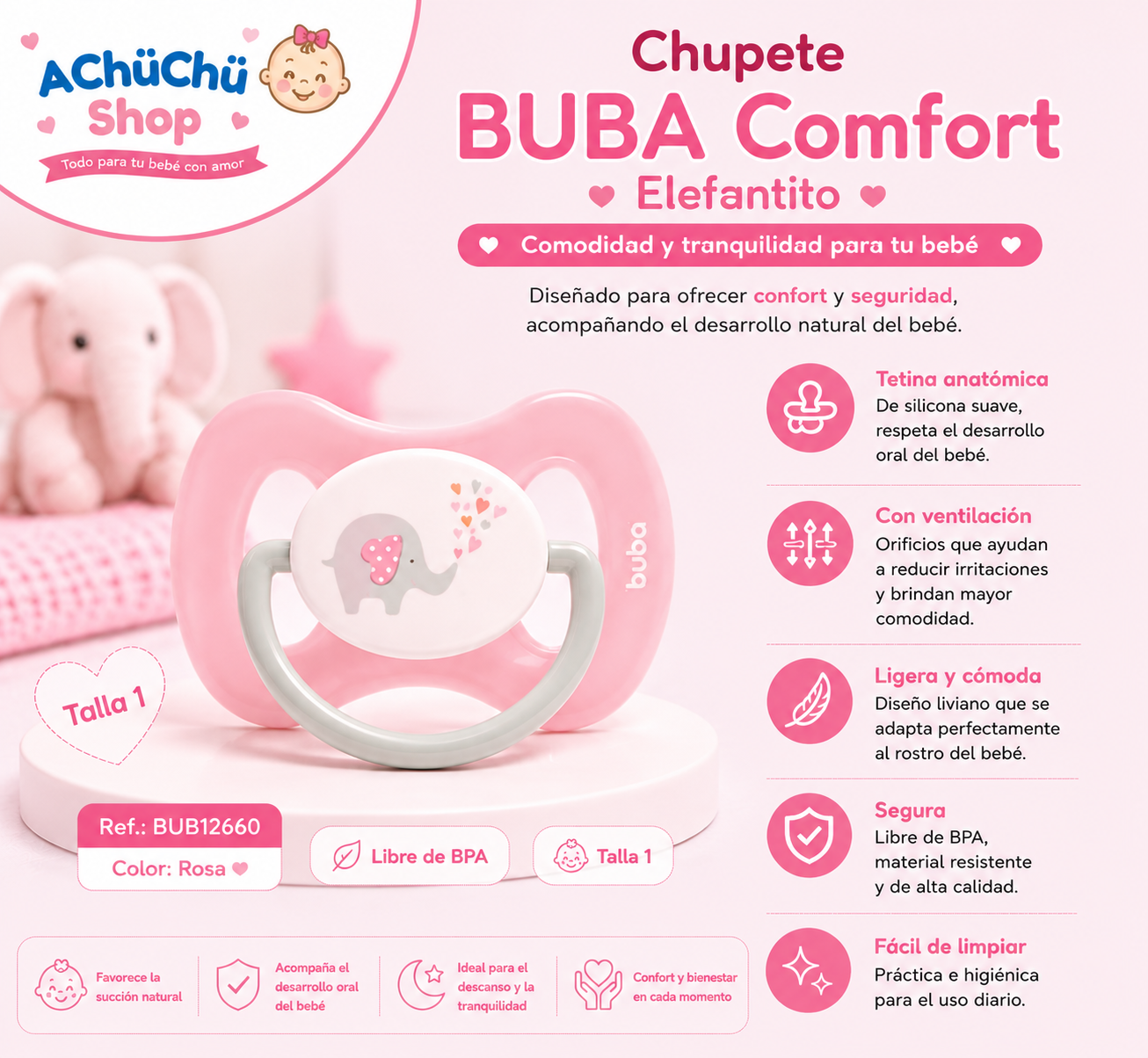 💚 BUBA Chupete Comfort Elefantito Talla 1 (0-6m) Azul BUB12659 /  Rosa BUB12660