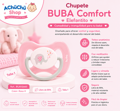 💚 BUBA Chupete Comfort Elefantito Talla 1 (0-6m) Azul BUB12659 /  Rosa BUB12660