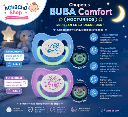 💚 BUBA Chupete Comfort Nocturno Talla 1 ( 0-6m) 🚀Cohete BUB12661 / 🦄 Unicornio BUB12662