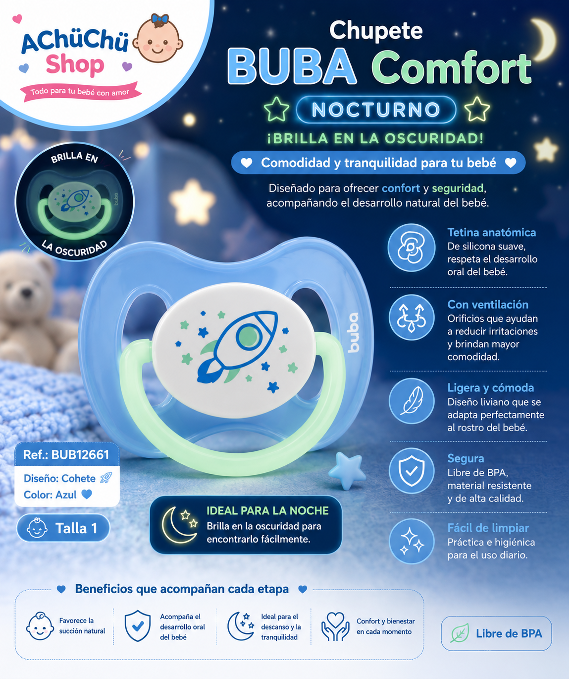 💚 BUBA Chupete Comfort Nocturno Talla 1 ( 0-6m) 🚀Cohete BUB12661 / 🦄 Unicornio BUB12662