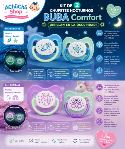 BUBA Kit de 2 Chupetes Nocturnos Comfort Cohete/Estrella Talla 1 (0-6m) BUB12663 /  BUB12664 Unicornio/Arcoíris 💚