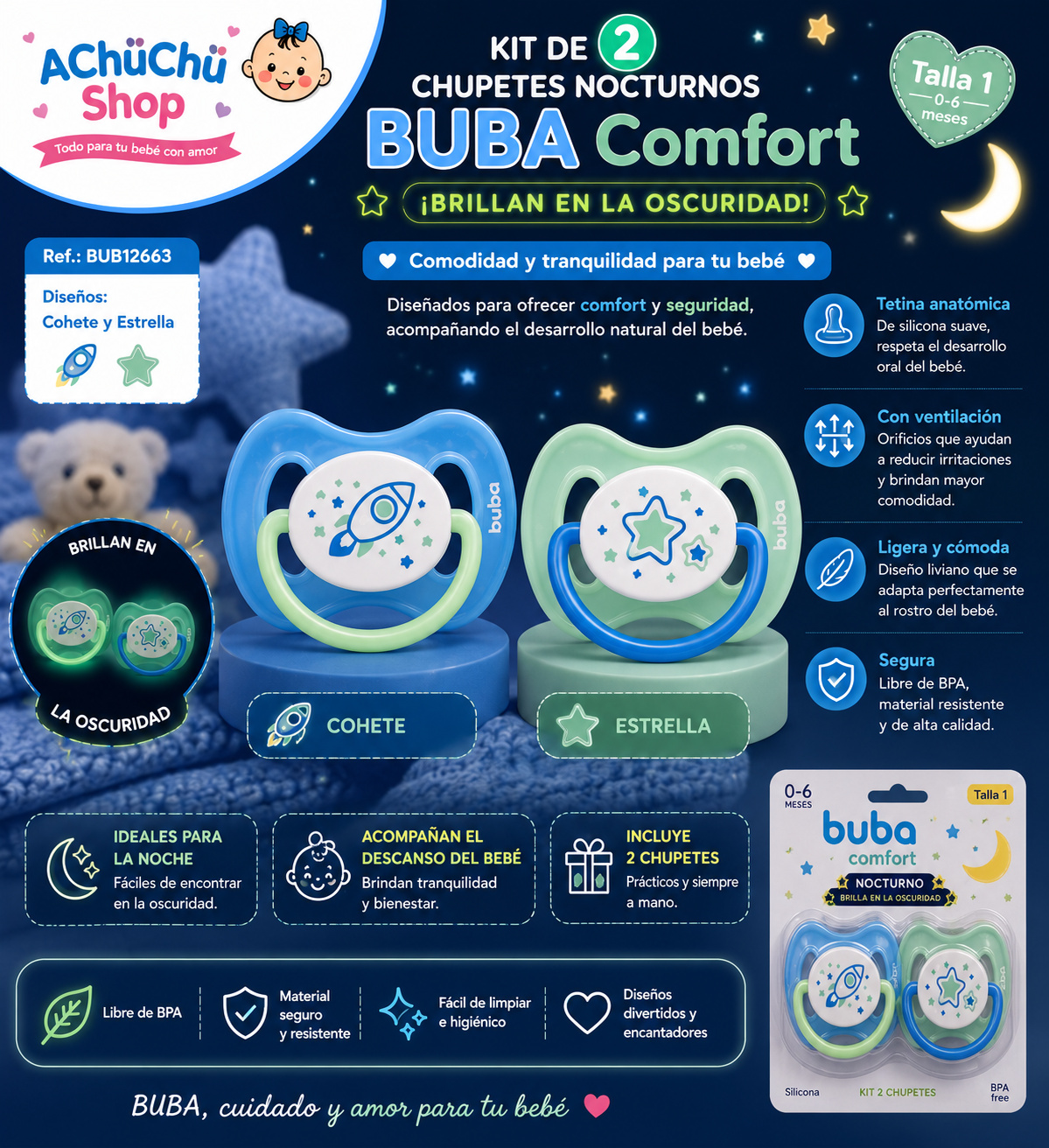 BUBA Kit de 2 Chupetes Nocturnos Comfort Cohete/Estrella Talla 1 (0-6m) BUB12663 /  BUB12664 Unicornio/Arcoíris 💚