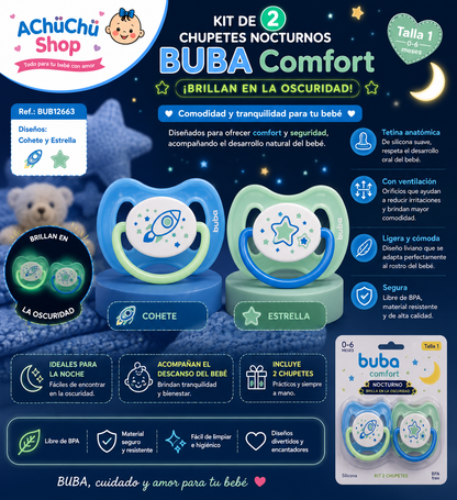 BUBA Kit de 2 Chupetes Nocturnos Comfort Cohete/Estrella Talla 1 (0-6m) BUB12663 /  BUB12664 Unicornio/Arcoíris 💚