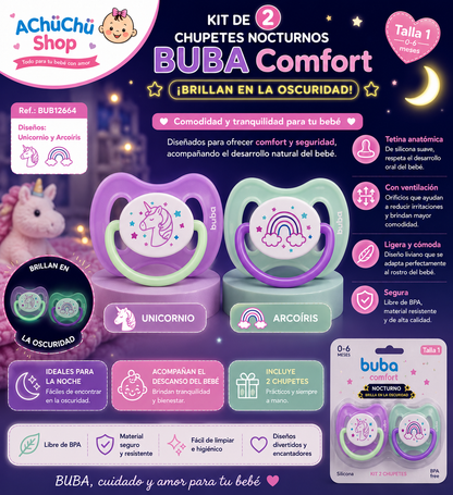 BUBA Kit de 2 Chupetes Nocturnos Comfort Cohete/Estrella Talla 1 (0-6m) BUB12663 /  BUB12664 Unicornio/Arcoíris 💚
