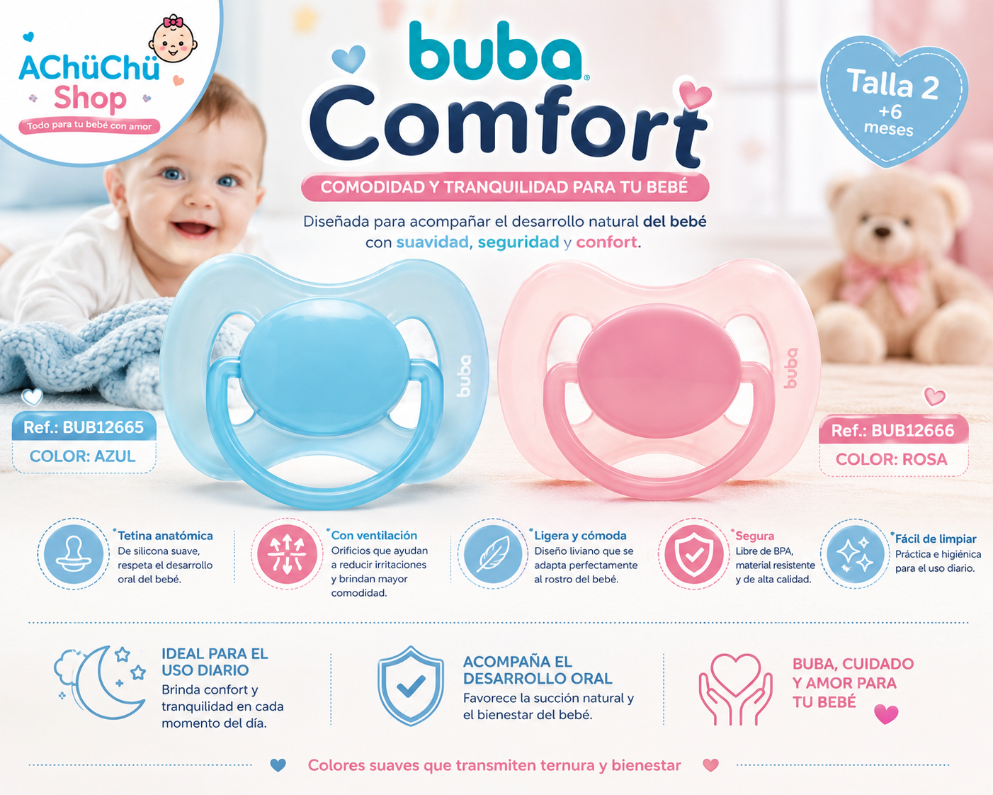 💚 Buba Chupete Comfort Talla 2 (6-12m) Azul BUB12665 / Rosa BUB12666
