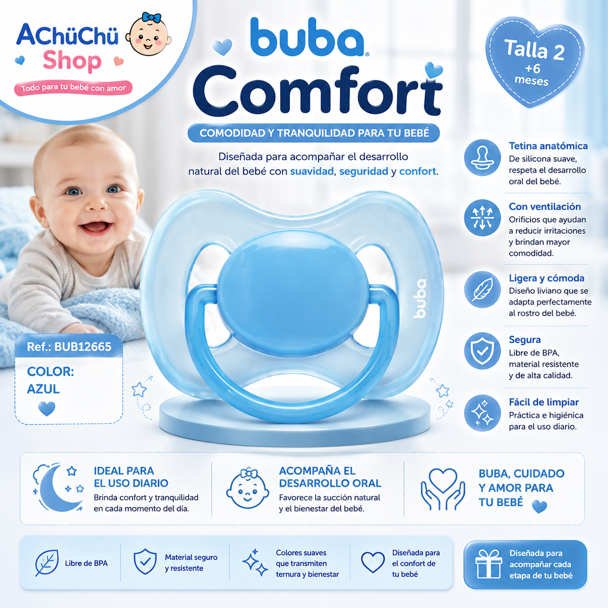💚 Buba Chupete Comfort Talla 2 (6-12m) Azul BUB12665 / Rosa BUB12666
