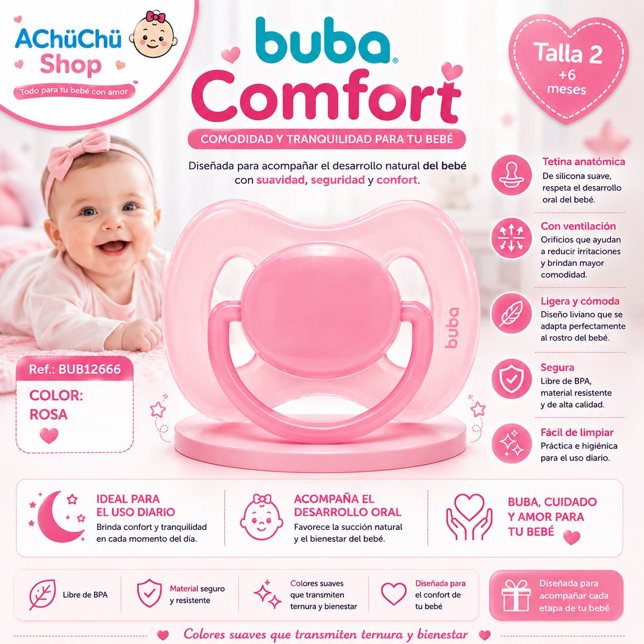 💚 Buba Chupete Comfort Talla 2 (6-12m) Azul BUB12665 / Rosa BUB12666