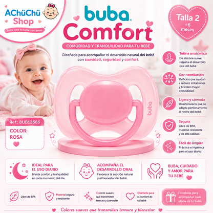 💚 Buba Chupete Comfort Talla 2 (6-12m) Azul BUB12665 / Rosa BUB12666