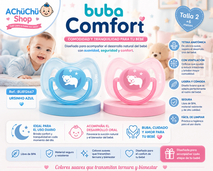💚 BUBA Chupete Comfort Osito Talla 2 (6-12m) Azul BUB12667 - Rosa BUB12668