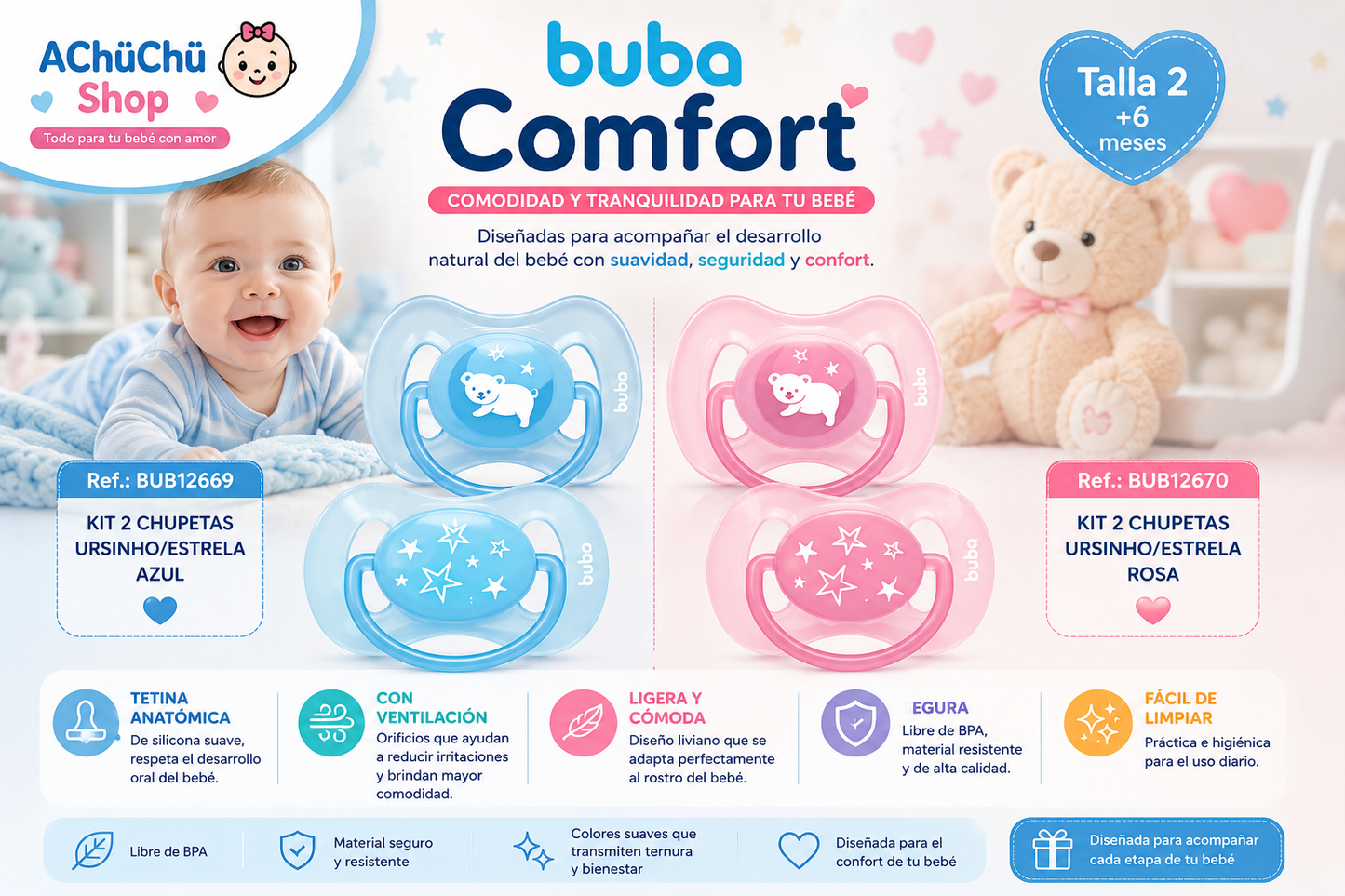 💚 Buba Kit de 2 Chupetes Comfort Talla 2 (6-12m) Azul Osito/Estrella BUB12669 / Rosa Osito/Estrella BUB12670