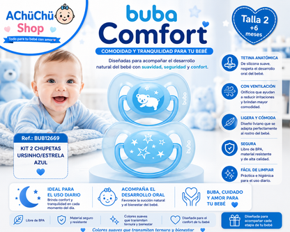 💚 Buba Kit de 2 Chupetes Comfort Talla 2 (6-12m) Azul Osito/Estrella BUB12669 / Rosa Osito/Estrella BUB12670
