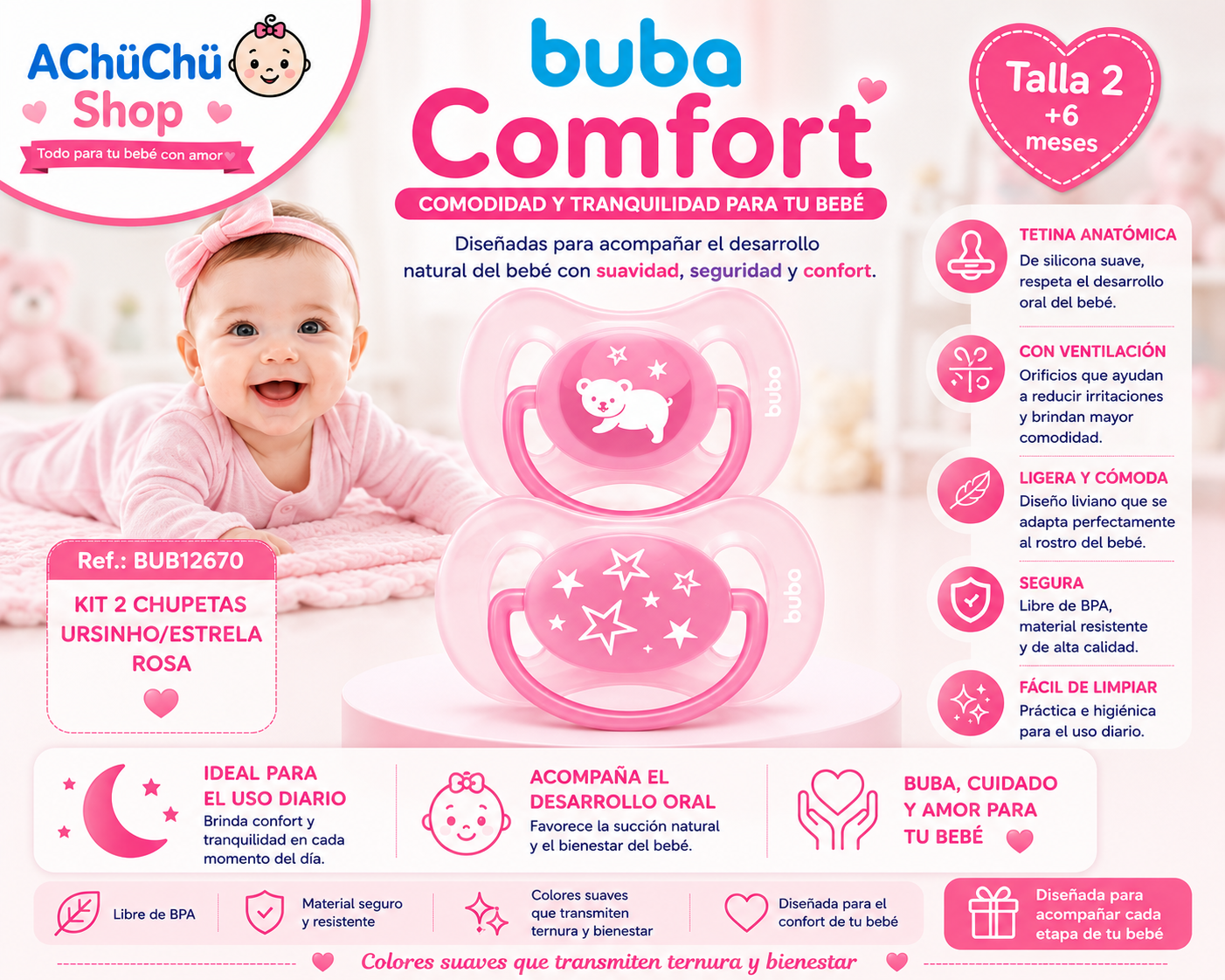 💚 Buba Kit de 2 Chupetes Comfort Talla 2 (6-12m) Azul Osito/Estrella BUB12669 / Rosa Osito/Estrella BUB12670