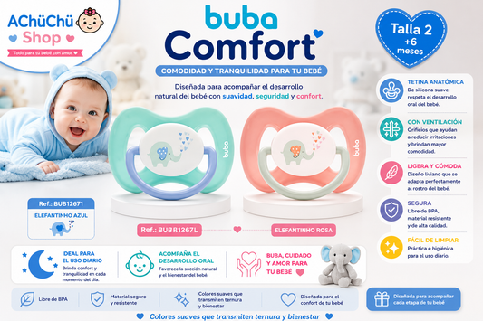 BUBA Chupete Comfort Talla 2 (6-12m) Elefantito Azul BUB12671 / Elefantito Rosa BUB12672 🩵 🩷