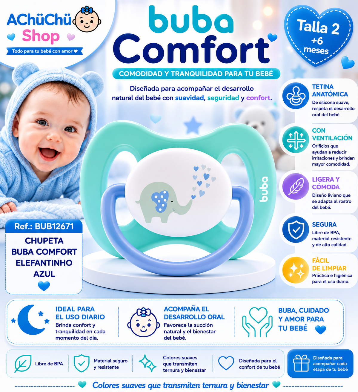 BUBA Chupete Comfort Talla 2 (6-12m) Elefantito Azul BUB12671 / Elefantito Rosa BUB12672 🩵 🩷