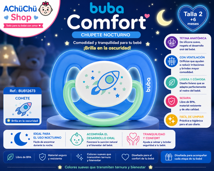 💚 BUBA Chupete Comfort Nocturno Talla 2 (6-12m) Cohete 🚀 BUB12673 / Unicornio 🦄 BUB12674