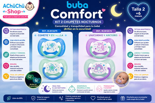 BUBA Kit de 2 Chupetes Comfort Nocturnos Talla 2 (6-12m) Cohete y Estrella BUB12675 - Unicornio y Arcoíris BUB12676 🩵🩷