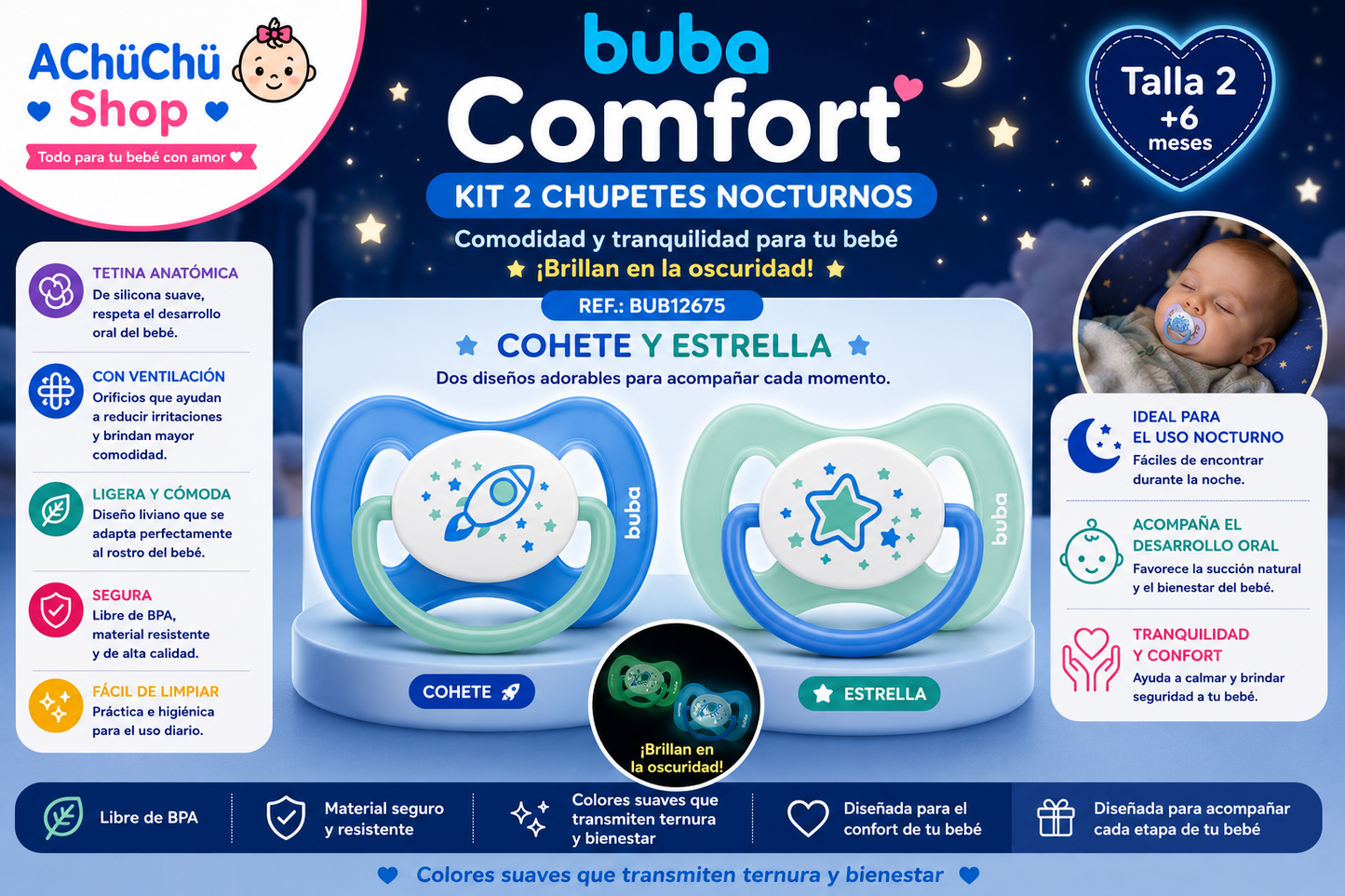 BUBA Kit de 2 Chupetes Comfort Nocturnos Talla 2 (6-12m) Cohete y Estrella BUB12675 - Unicornio y Arcoíris BUB12676 🩵🩷