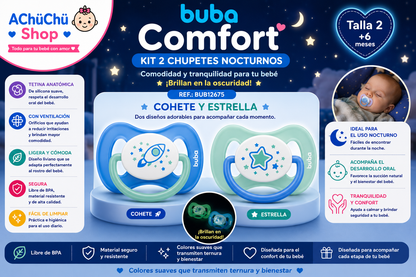 BUBA Kit de 2 Chupetes Comfort Nocturnos Talla 2 (6-12m) Cohete y Estrella BUB12675 - Unicornio y Arcoíris BUB12676 🩵🩷