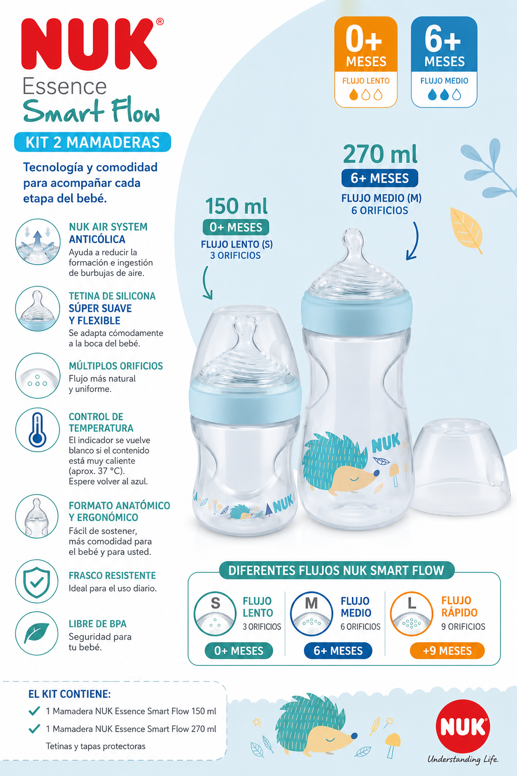 Nuk Kit 2 Biberones Essense – 150ml + 270ml 💚