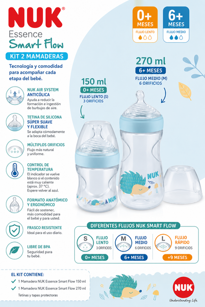 Nuk Kit 2 Biberones Essense – 150ml + 270ml 💚