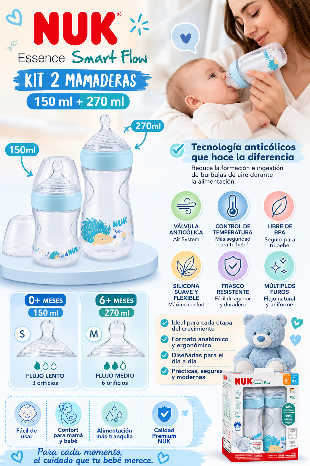Nuk Kit 2 Biberones Essense – 150ml + 270ml 💚