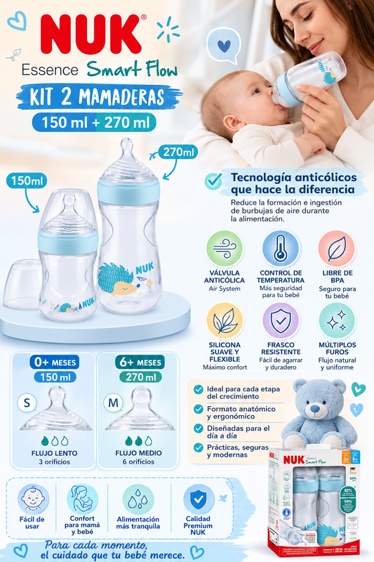 Nuk Kit 2 Biberones Essense – 150ml + 270ml 💚