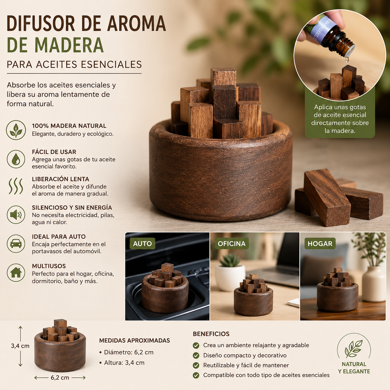 Home 💚 🌿 Difusor de Aroma de Madera para Aceites Esenciales