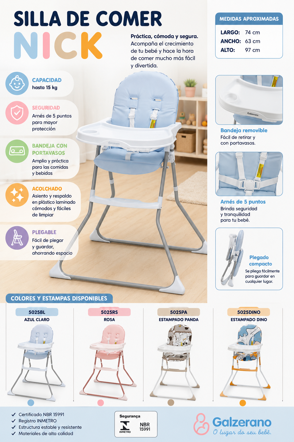 Galzerano Silla de Comer Nick 6M+ hasta 15Kg - Panda-Dino-Rosa-Azul - 5025 💛