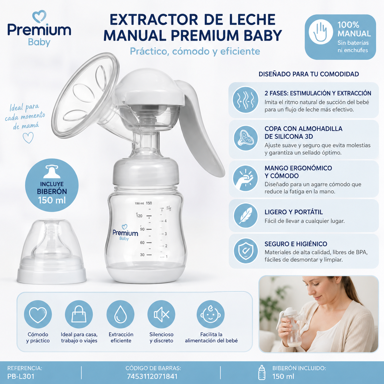 PREMIUM BABY EXTRACTOR DE LECHE MANUAL PB-L301 - El Extractor de Leche Manual Premium Baby está diseñado para ofrecer a la mamá una extracción práctica, cómoda y sencilla 💛