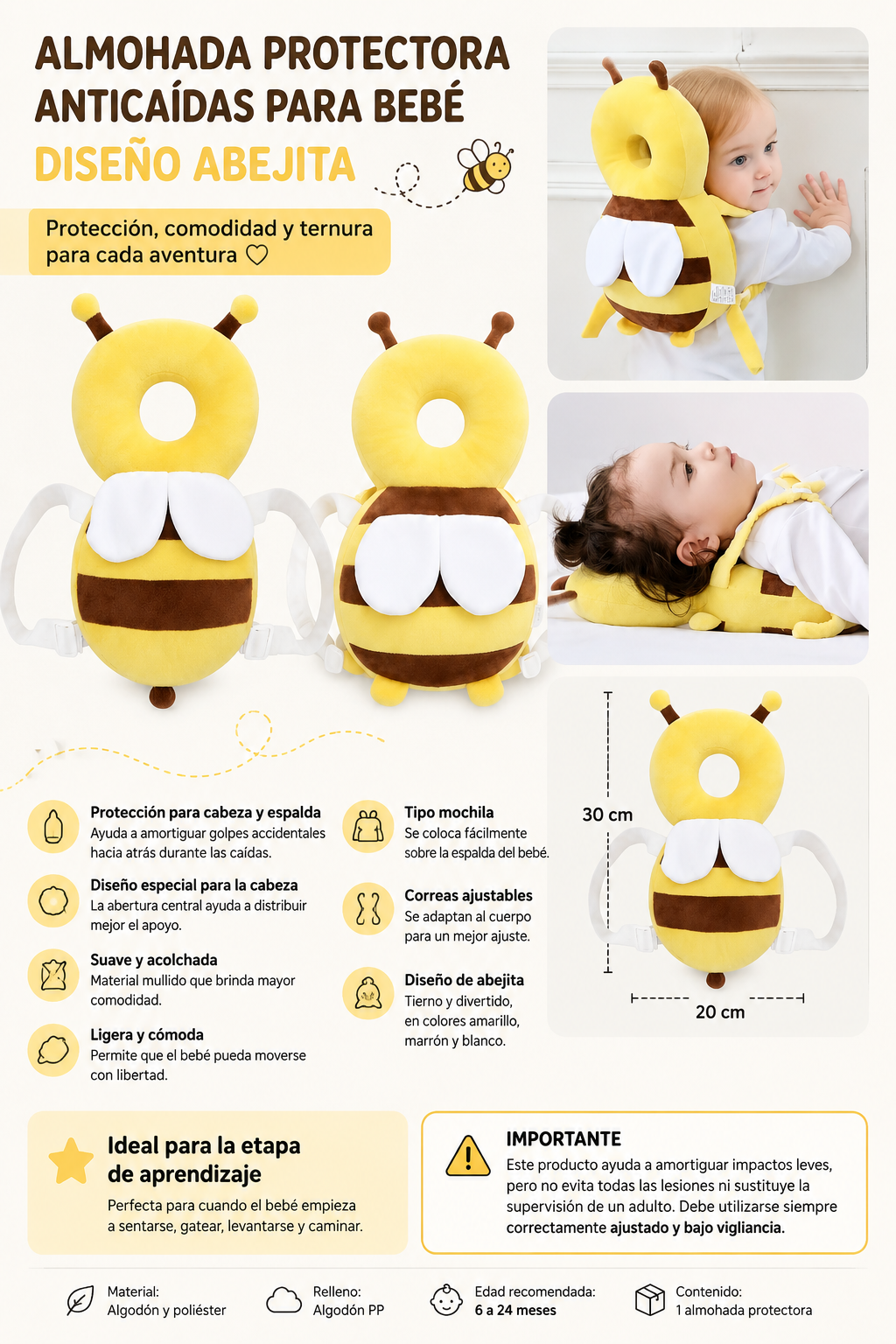 🐝 Almohada protector anticaídas para bebé – Diseño Abejita 704168