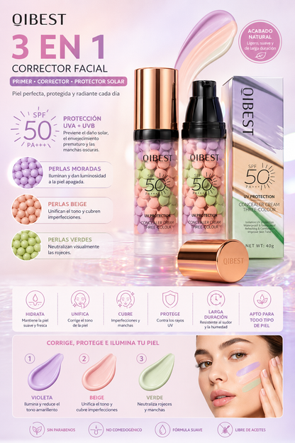 💚 QIBEST Base Corrector Facial 3en1 con Protección Solar SPF 50 PA+++ –