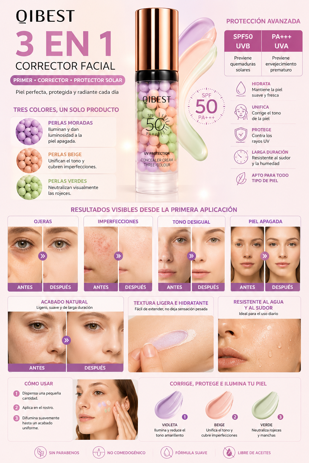 💚 QIBEST Base Corrector Facial 3en1 con Protección Solar SPF 50 PA+++ –