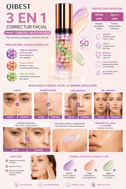💚 QIBEST Base Corrector Facial 3en1 con Protección Solar SPF 50 PA+++ –
