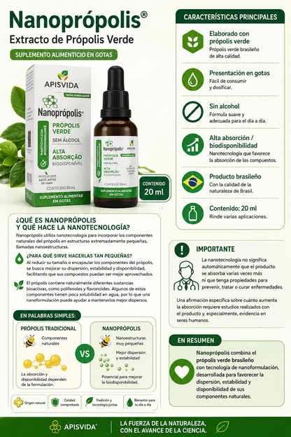 Suplemento alimenticio Propolis 🐝 Nanoprópolis – Extracto de Própolis Verde
Marca: Apisvida
Presentación: Gotas
Contenido: 20 ml
Fórmula: Sin alcohol