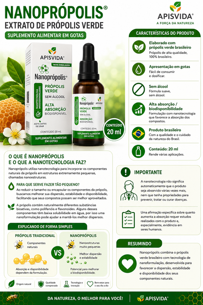 Suplemento alimenticio Propolis 🐝 Nanoprópolis – Extracto de Própolis Verde
Marca: Apisvida
Presentación: Gotas
Contenido: 20 ml
Fórmula: Sin alcohol