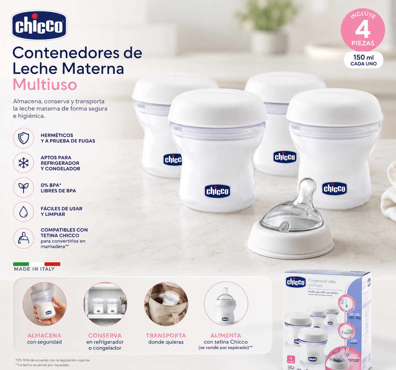 💚 Chicco Contenedores Multiuso para Leche Materna – Set de 4 Unidades (150 ml c/u) 🍼🤍2257-20 - 4014408