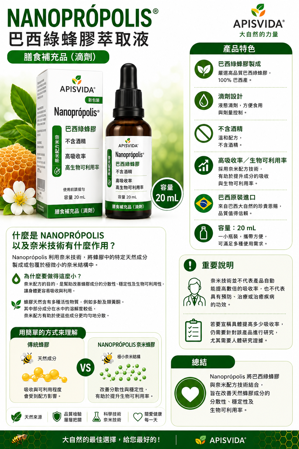 Suplemento alimenticio Propolis 🐝 Nanoprópolis – Extracto de Própolis Verde
Marca: Apisvida
Presentación: Gotas
Contenido: 20 ml
Fórmula: Sin alcohol